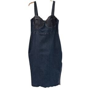 Forever 21 Women's OX Overall Denim Long sleeveless Dress Zip Up Blue Side Slit